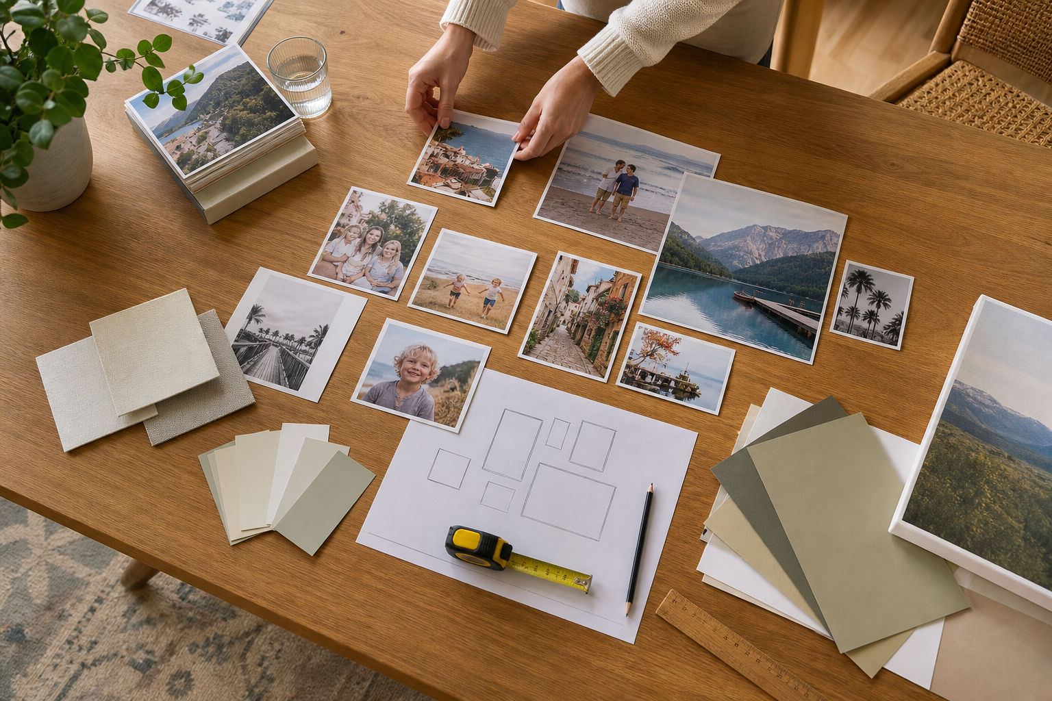 Foto's en composities op tafel voor een drieluik